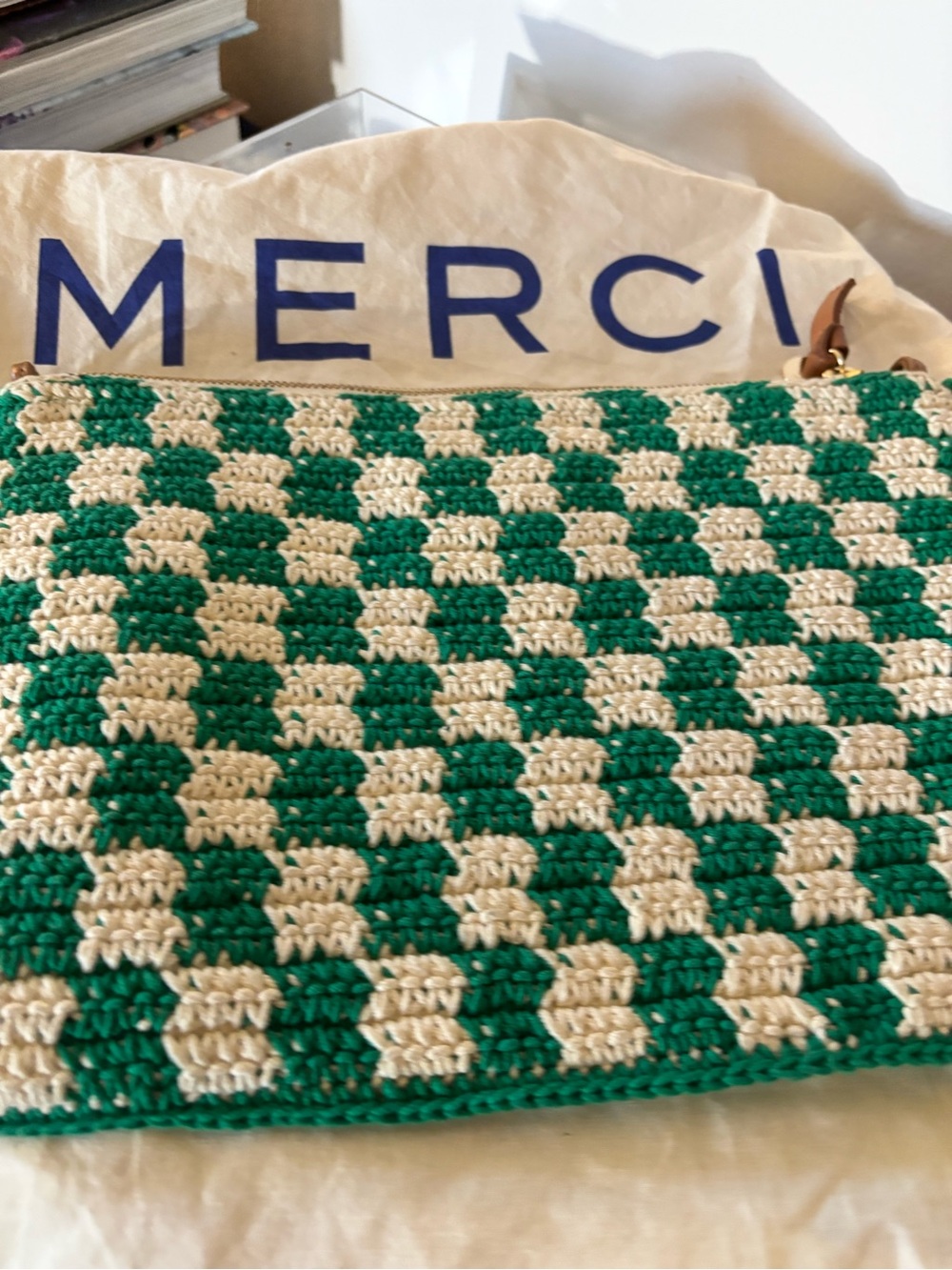 Clare V. Flat Clutch with Tabs in Sea Green & Cream Mini Crochet Checker - EUC - Picture 9 of 13